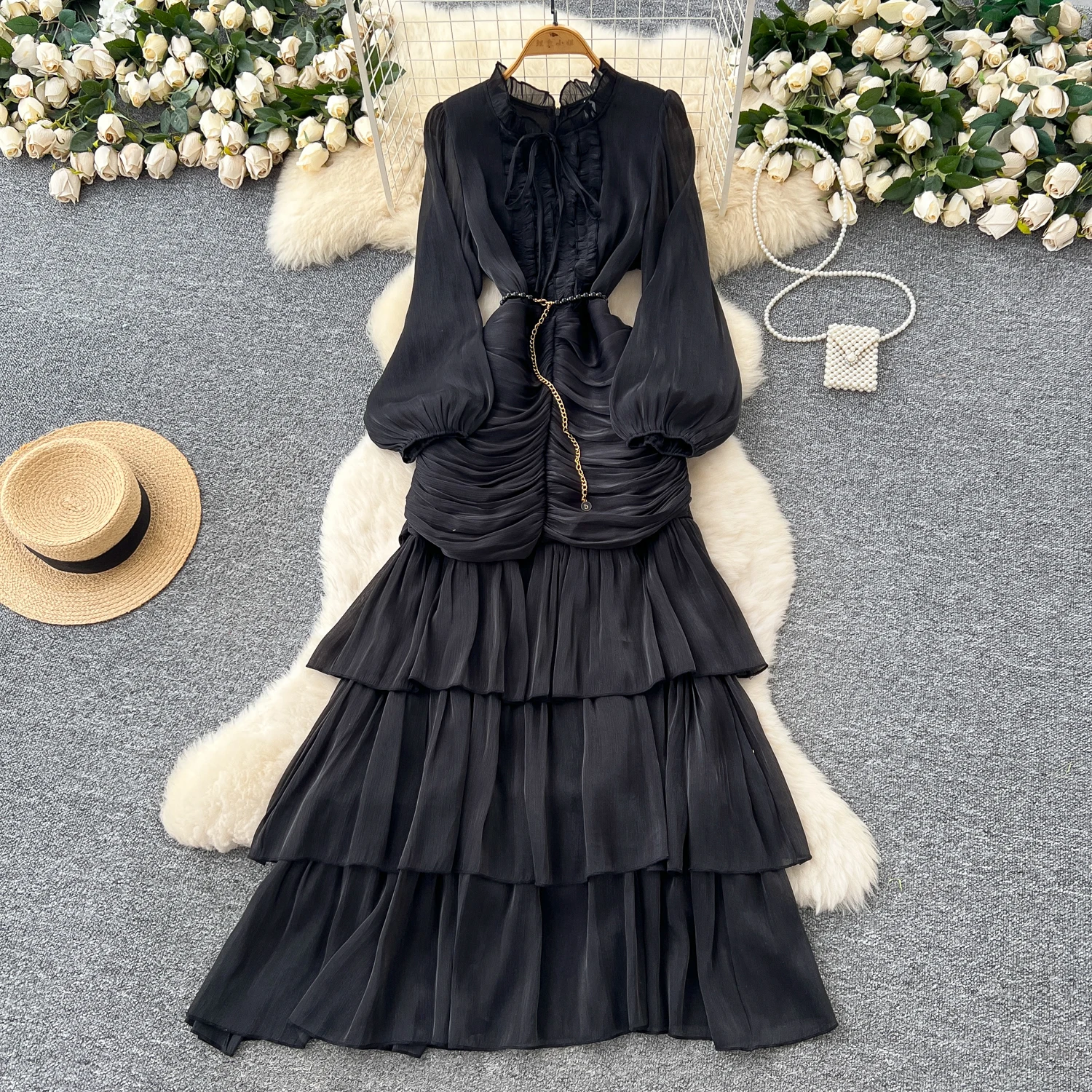 Vintage Elegant Spliced lace-up ruffle slim Dress Korean Fashion Long dress hotsweet Women Fashion Dresses