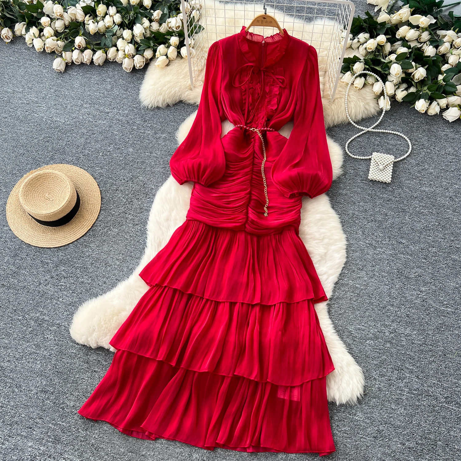 Vintage Elegant Spliced lace-up ruffle slim Dress Korean Fashion Long dress hotsweet Women Fashion Dresses