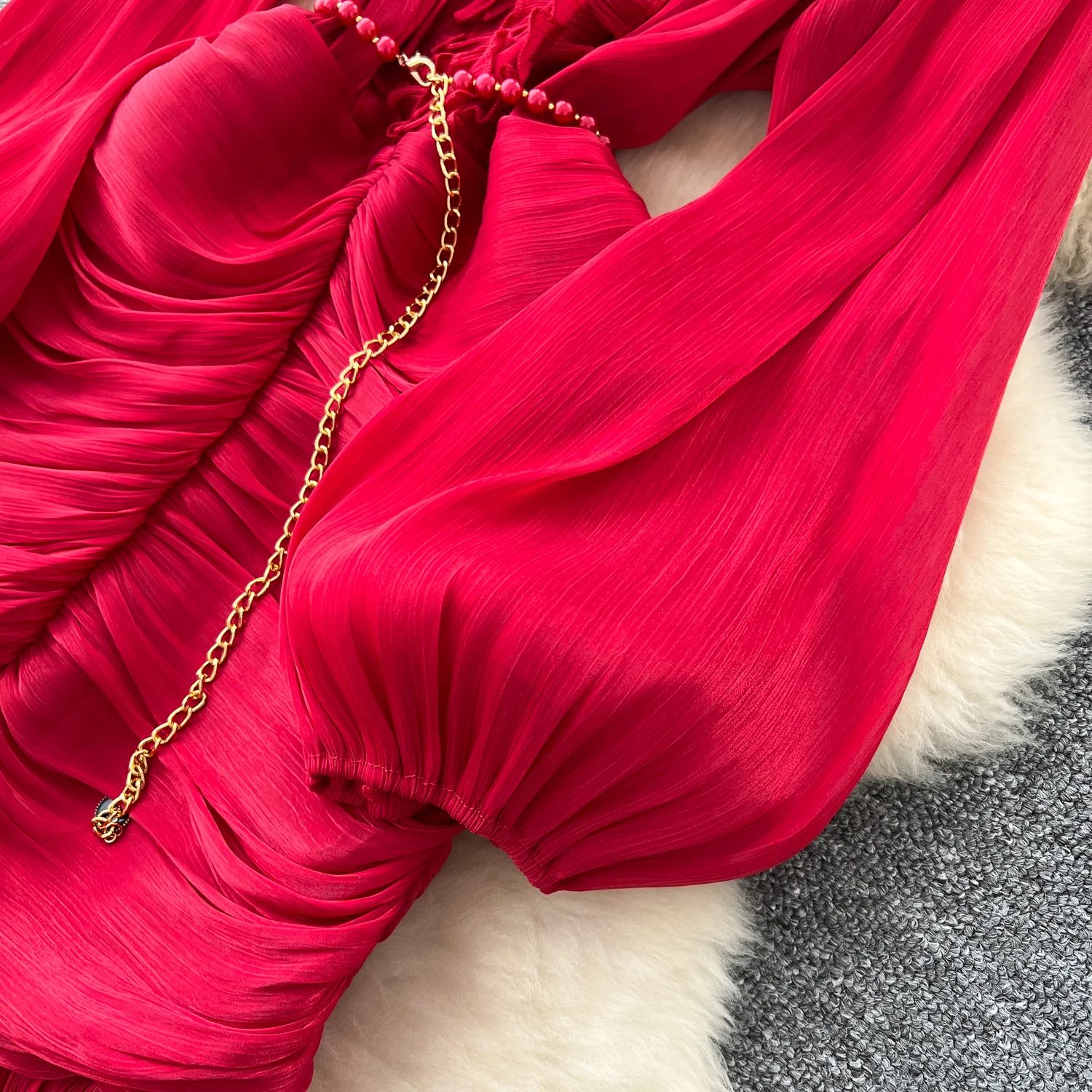 Vintage Elegant Spliced lace-up ruffle slim Dress Korean Fashion Long dress hotsweet Women Fashion Dresses