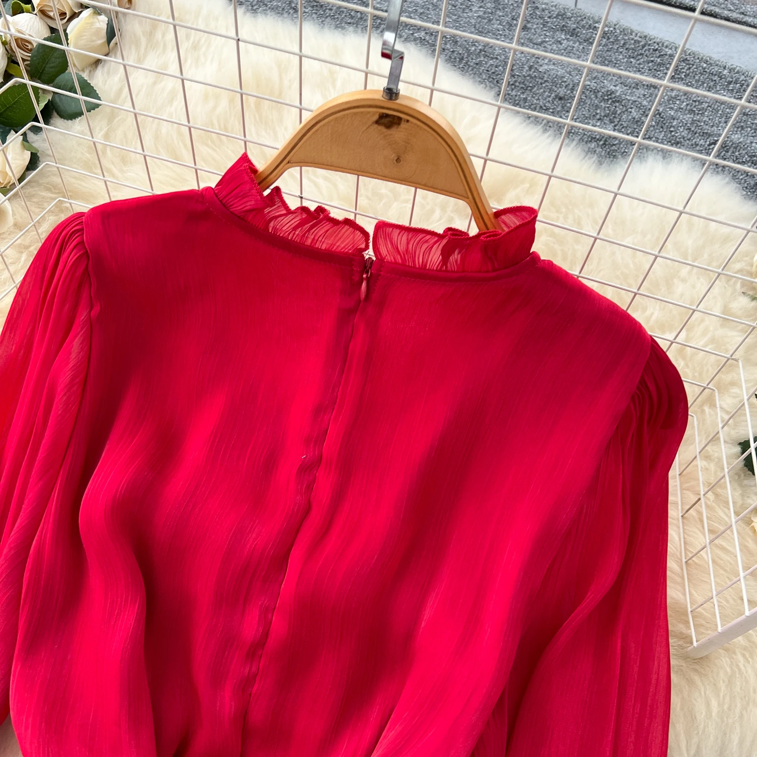Vintage Elegant Spliced lace-up ruffle slim Dress Korean Fashion Long dress hotsweet Women Fashion Dresses