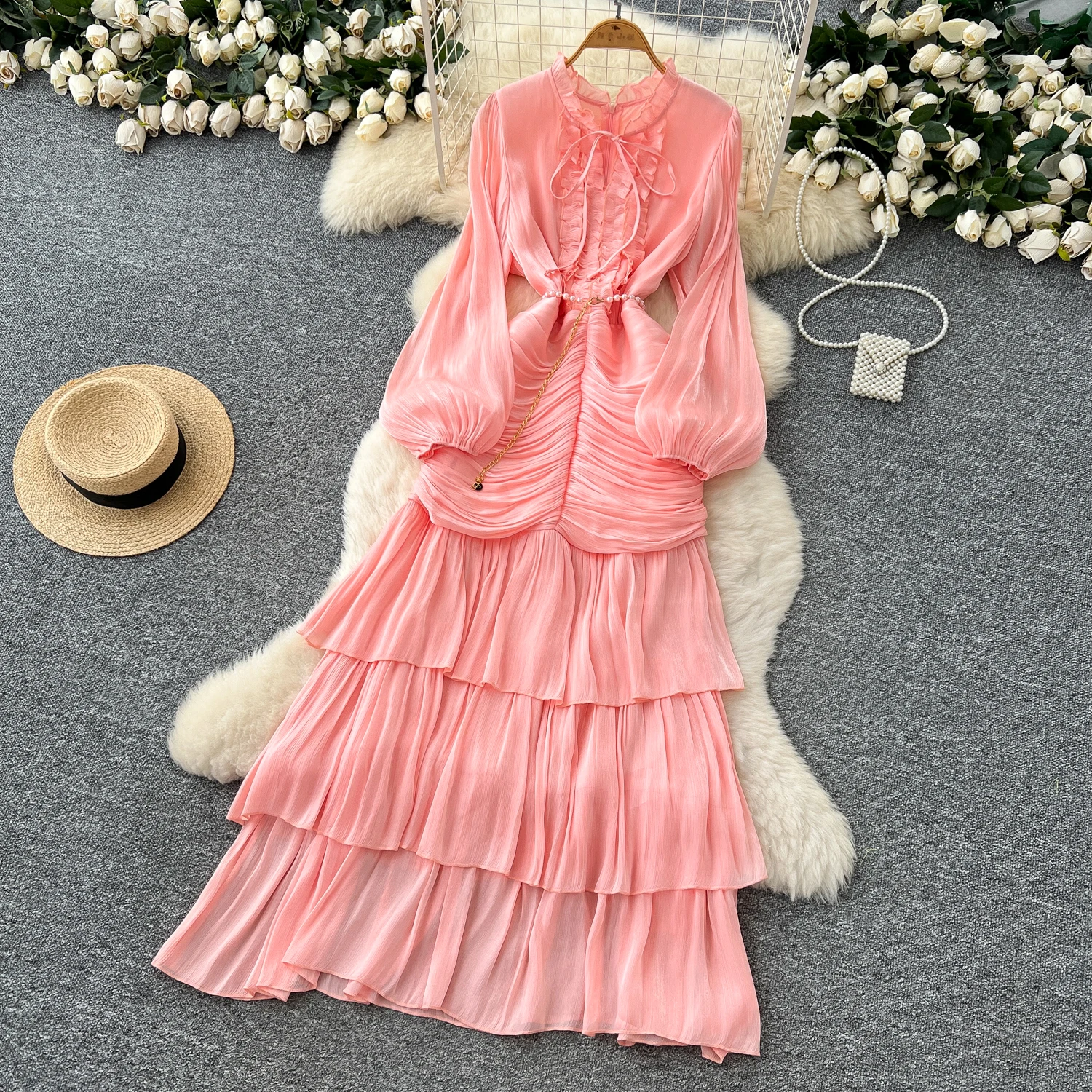Vintage Elegant Spliced lace-up ruffle slim Dress Korean Fashion Long dress hotsweet Women Fashion Dresses