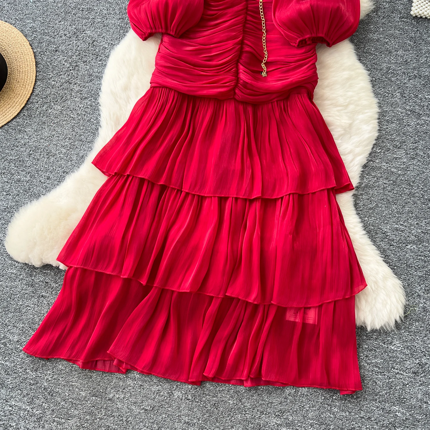 Vintage Elegant Spliced lace-up ruffle slim Dress Korean Fashion Long dress hotsweet Women Fashion Dresses