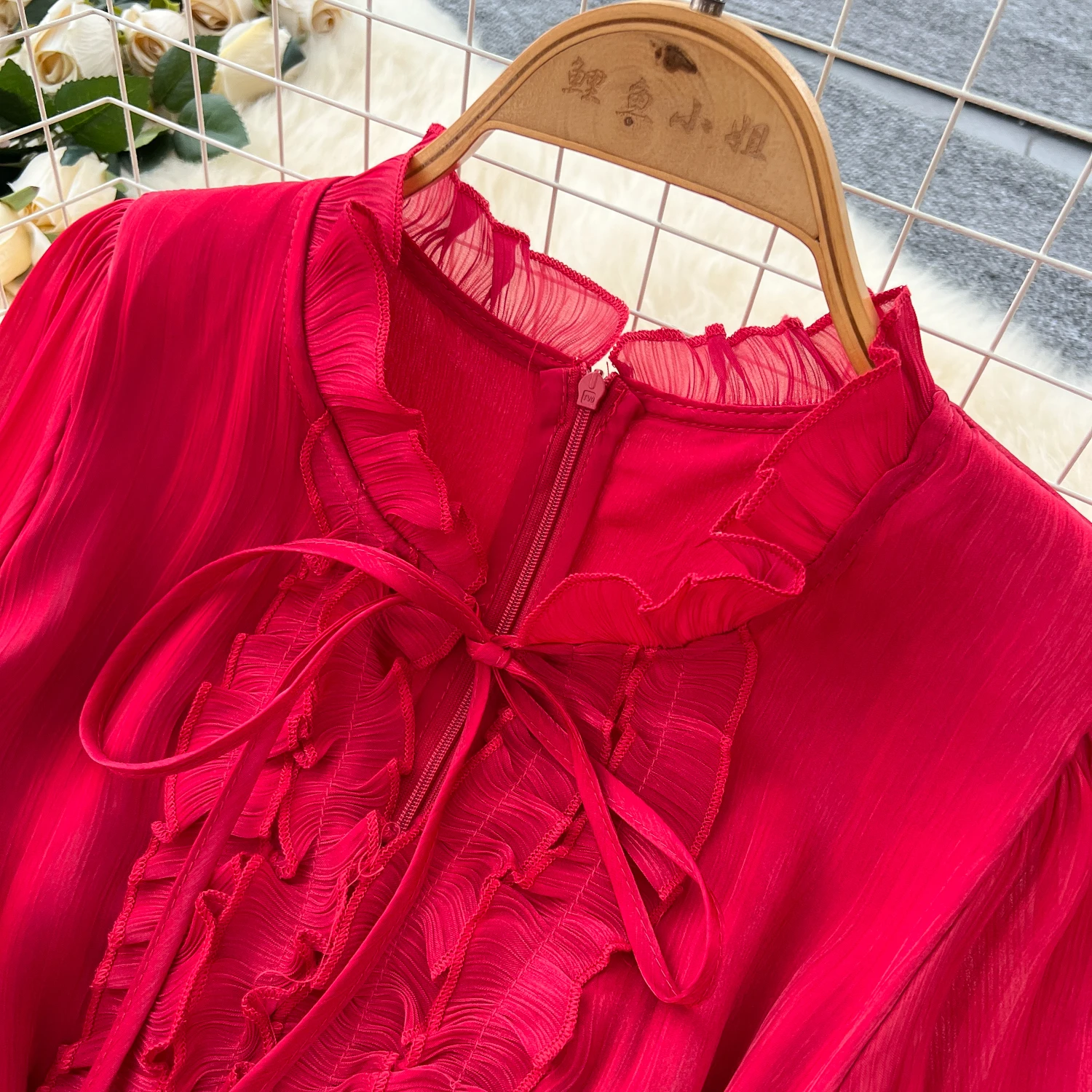 Vintage Elegant Spliced lace-up ruffle slim Dress Korean Fashion Long dress hotsweet Women Fashion Dresses