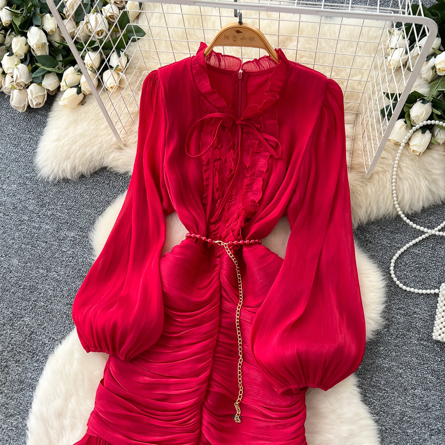 Vintage Elegant Spliced lace-up ruffle slim Dress Korean Fashion Long dress hotsweet Women Fashion Dresses