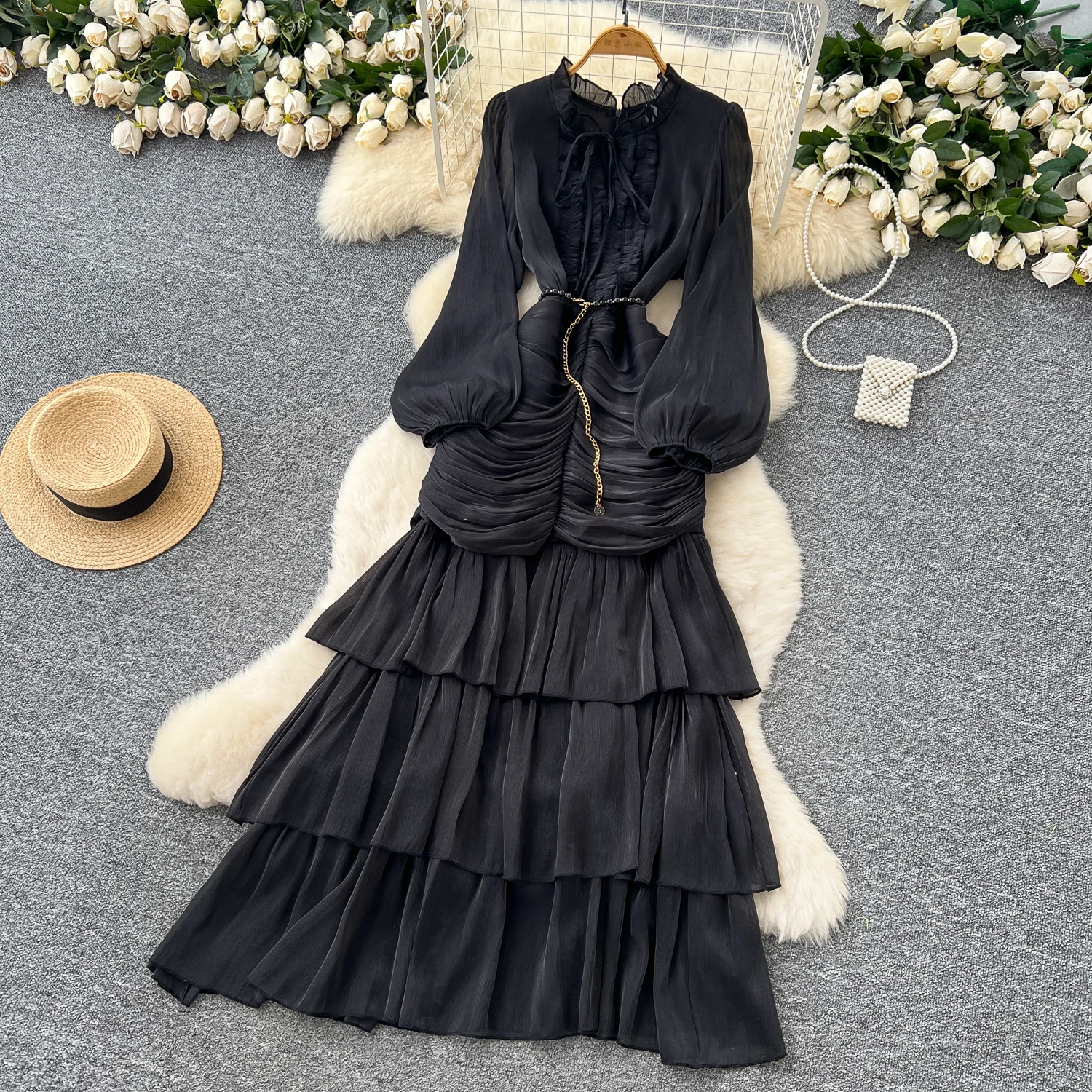 Vintage Elegant Spliced lace-up ruffle slim Dress Korean Fashion Long dress hotsweet Women Fashion Dresses
