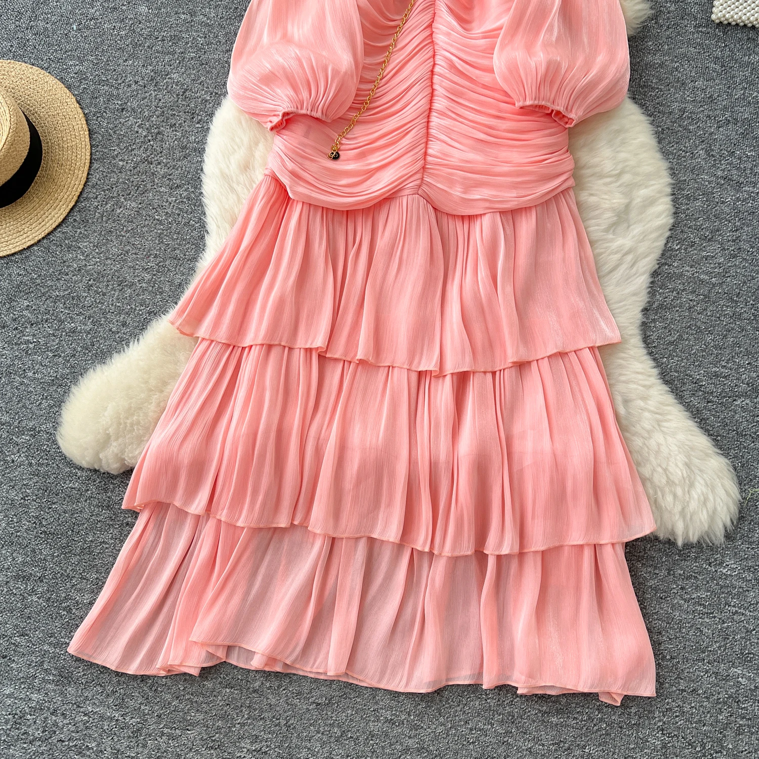 Vintage Elegant Spliced lace-up ruffle slim Dress Korean Fashion Long dress hotsweet Women Fashion Dresses