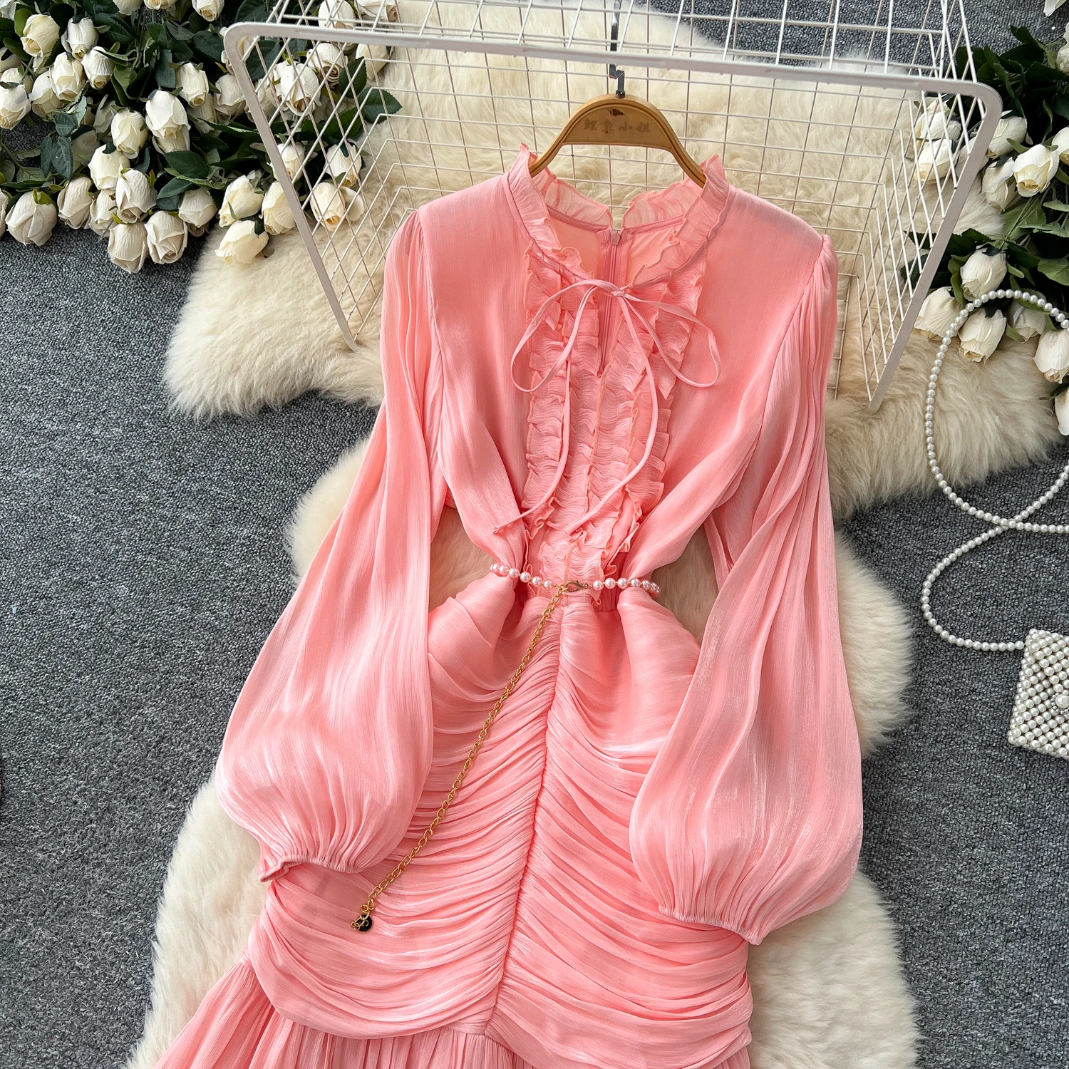 Vintage Elegant Spliced lace-up ruffle slim Dress Korean Fashion Long dress hotsweet Women Fashion Dresses