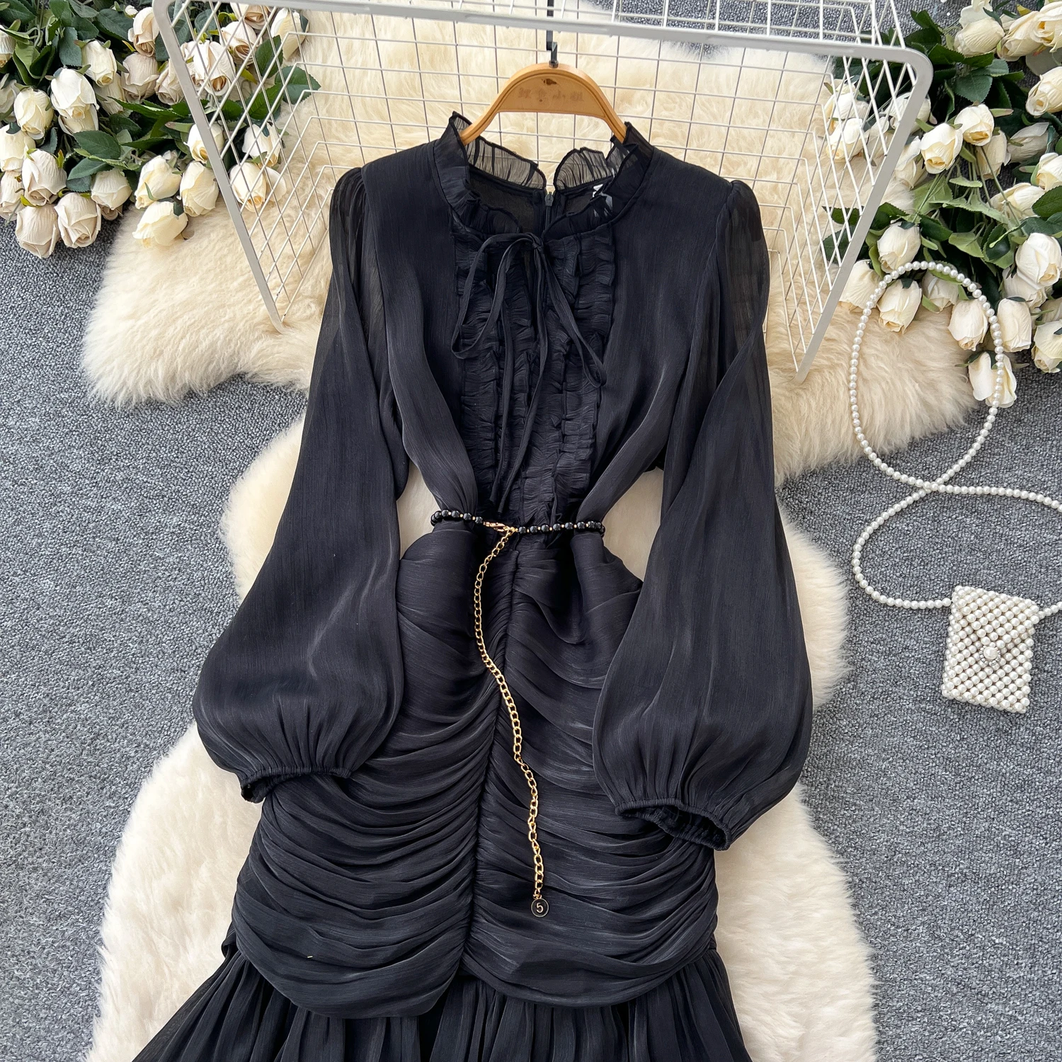 Vintage Elegant Spliced lace-up ruffle slim Dress Korean Fashion Long dress hotsweet Women Fashion Dresses