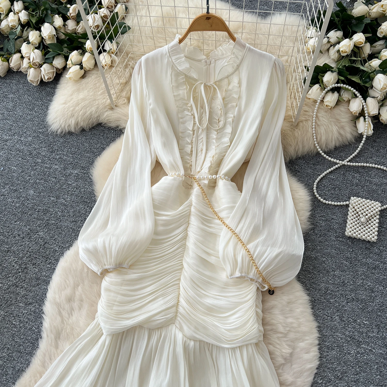 Vintage Elegant Spliced lace-up ruffle slim Dress Korean Fashion Long dress hotsweet Women Fashion Dresses