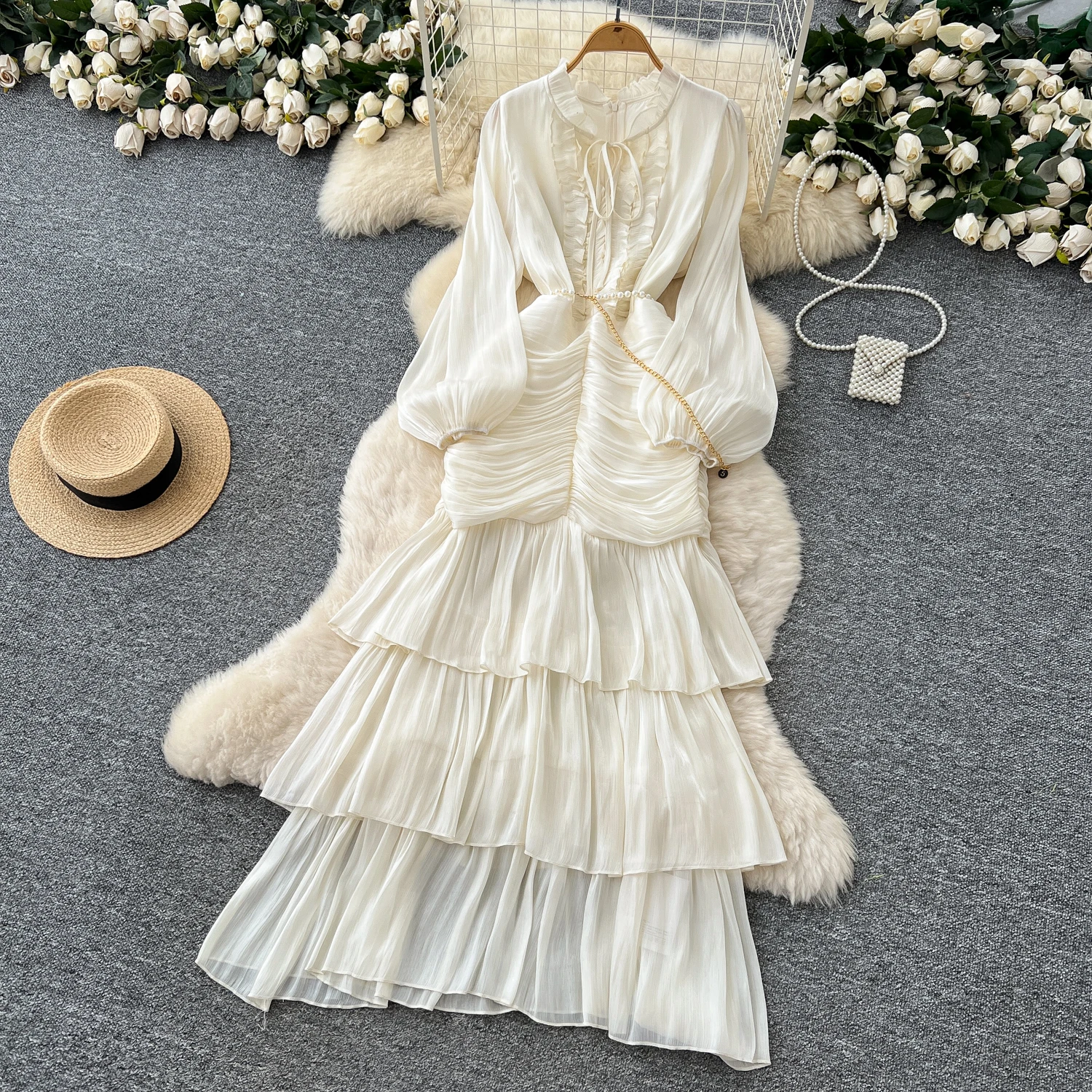 Vintage Elegant Spliced lace-up ruffle slim Dress Korean Fashion Long dress hotsweet Women Fashion Dresses