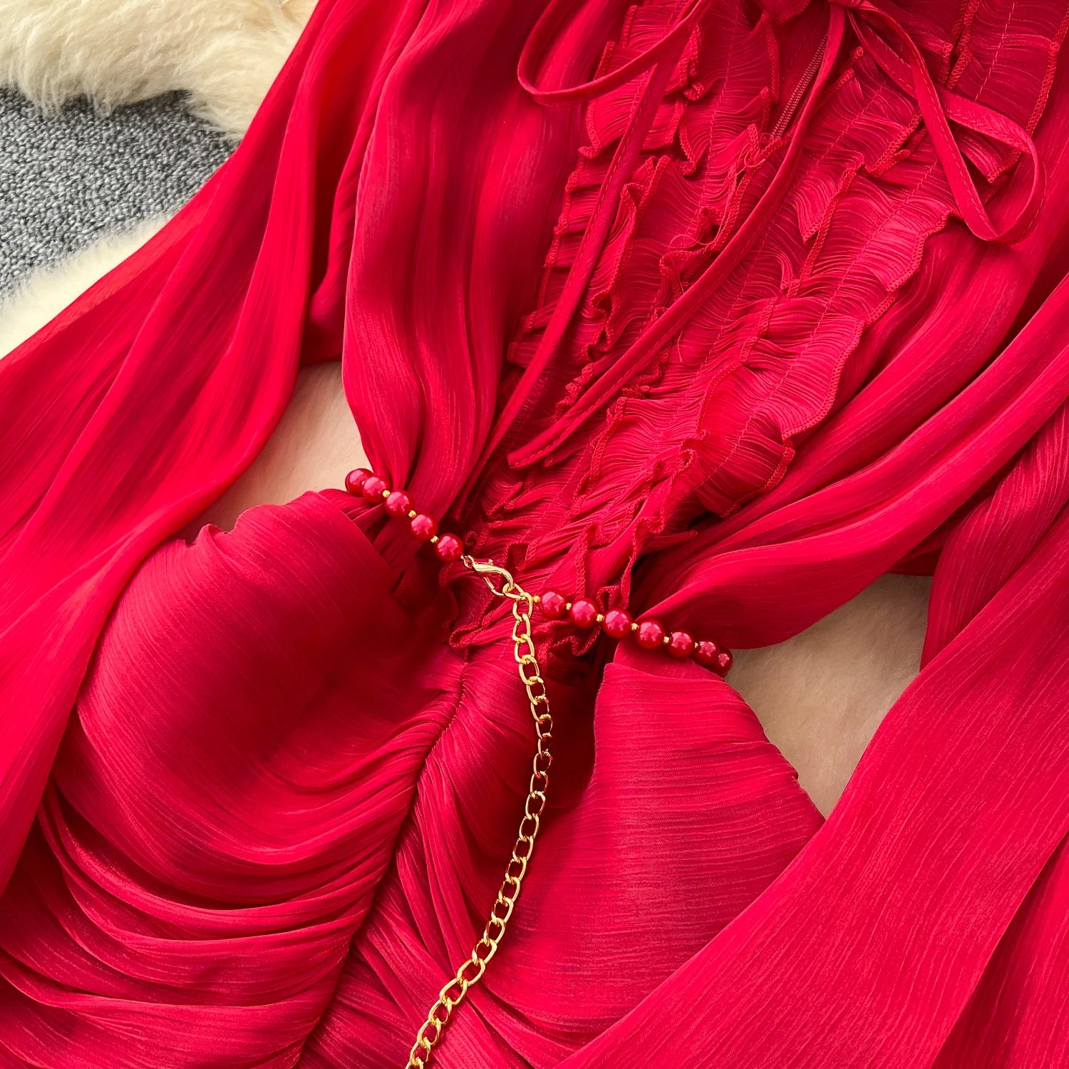 Vintage Elegant Spliced lace-up ruffle slim Dress Korean Fashion Long dress hotsweet Women Fashion Dresses