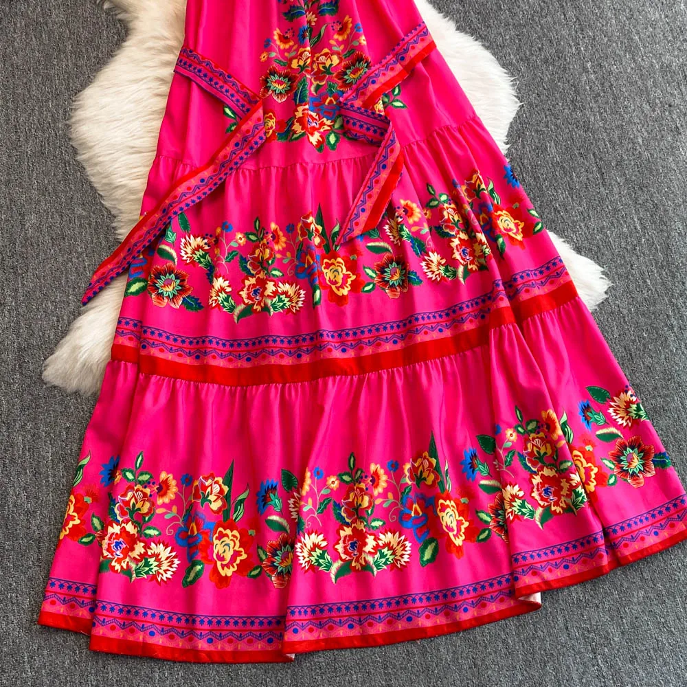 French Court Floral One Shoulder Summer Dress with Waist Tie for Slimming and Graceful Look