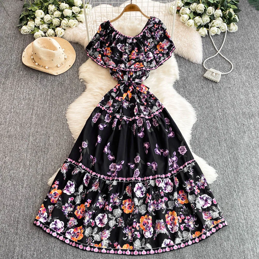 French Court Floral One Shoulder Summer Dress with Waist Tie for Slimming and Graceful Look
