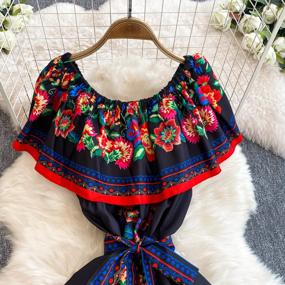 French Court Floral One Shoulder Summer Dress with Waist Tie for Slimming and Graceful Look