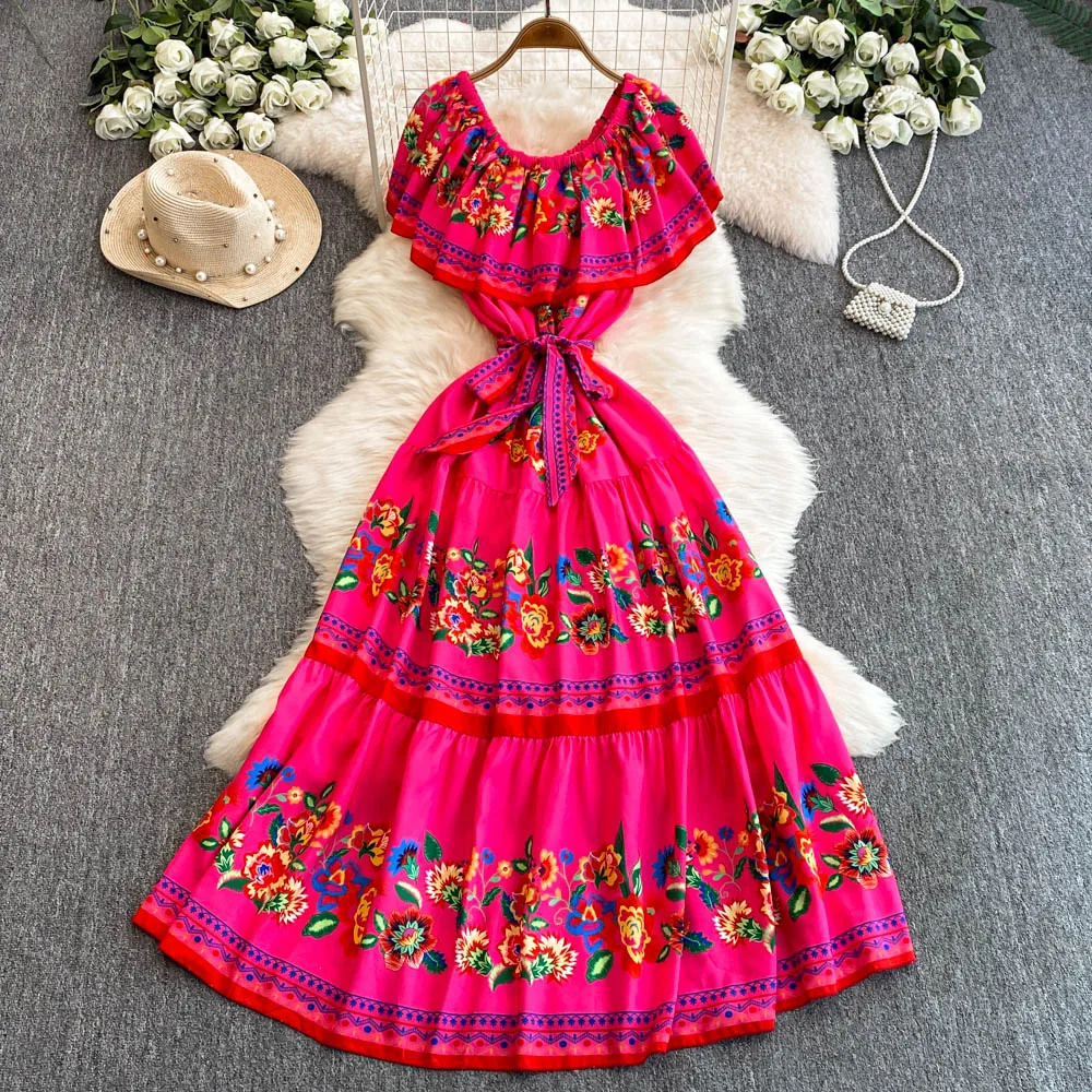 French Court Floral One Shoulder Summer Dress with Waist Tie for Slimming and Graceful Look