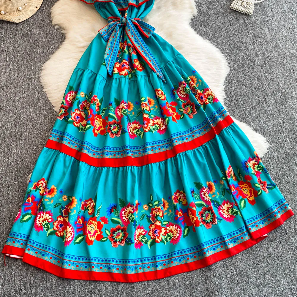 French Court Floral One Shoulder Summer Dress with Waist Tie for Slimming and Graceful Look