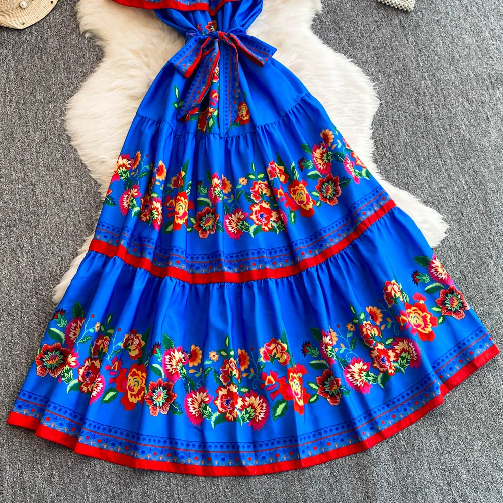 French Court Floral One Shoulder Summer Dress with Waist Tie for Slimming and Graceful Look