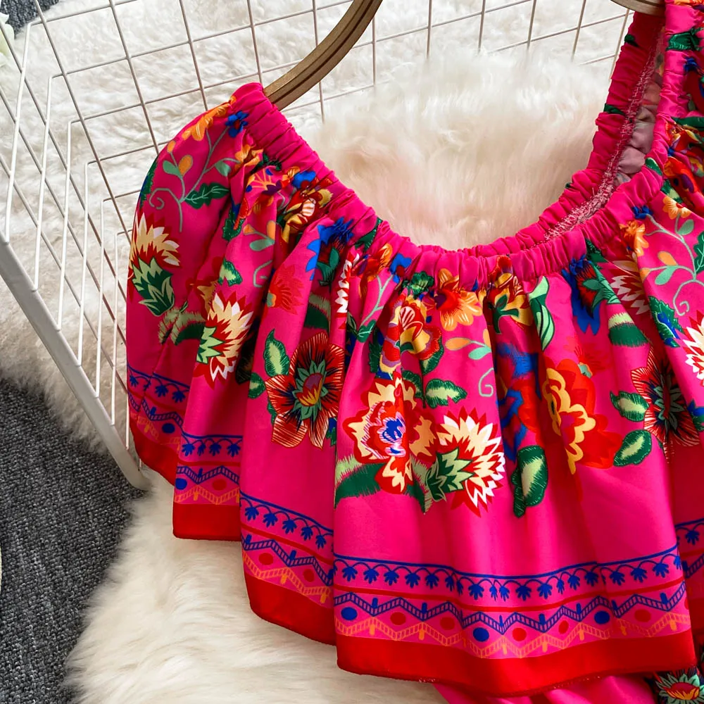 French Court Floral One Shoulder Summer Dress with Waist Tie for Slimming and Graceful Look