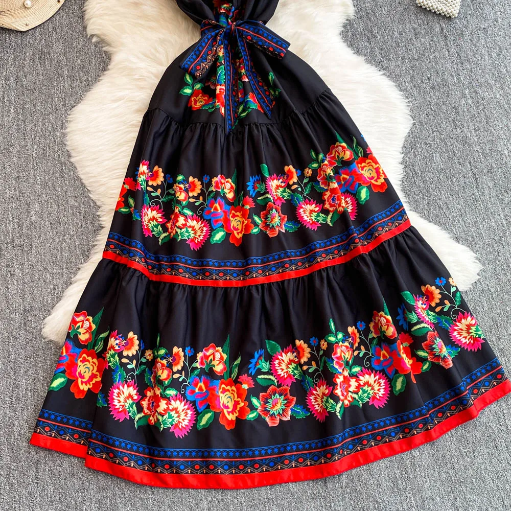 French Court Floral One Shoulder Summer Dress with Waist Tie for Slimming and Graceful Look