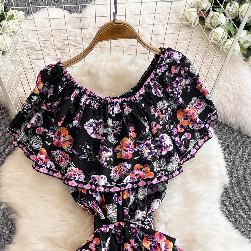 French Court Floral One Shoulder Summer Dress with Waist Tie for Slimming and Graceful Look