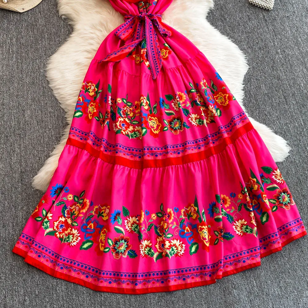 French Court Floral One Shoulder Summer Dress with Waist Tie for Slimming and Graceful Look