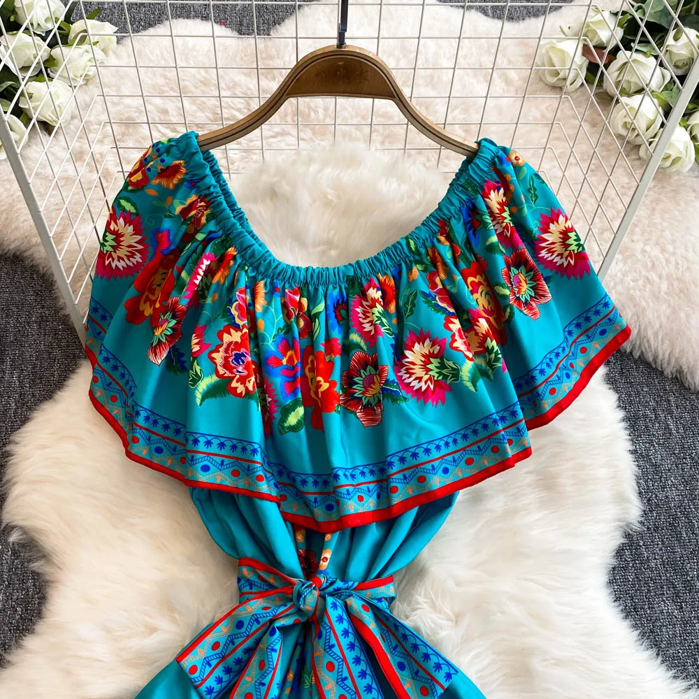 French Court Floral One Shoulder Summer Dress with Waist Tie for Slimming and Graceful Look