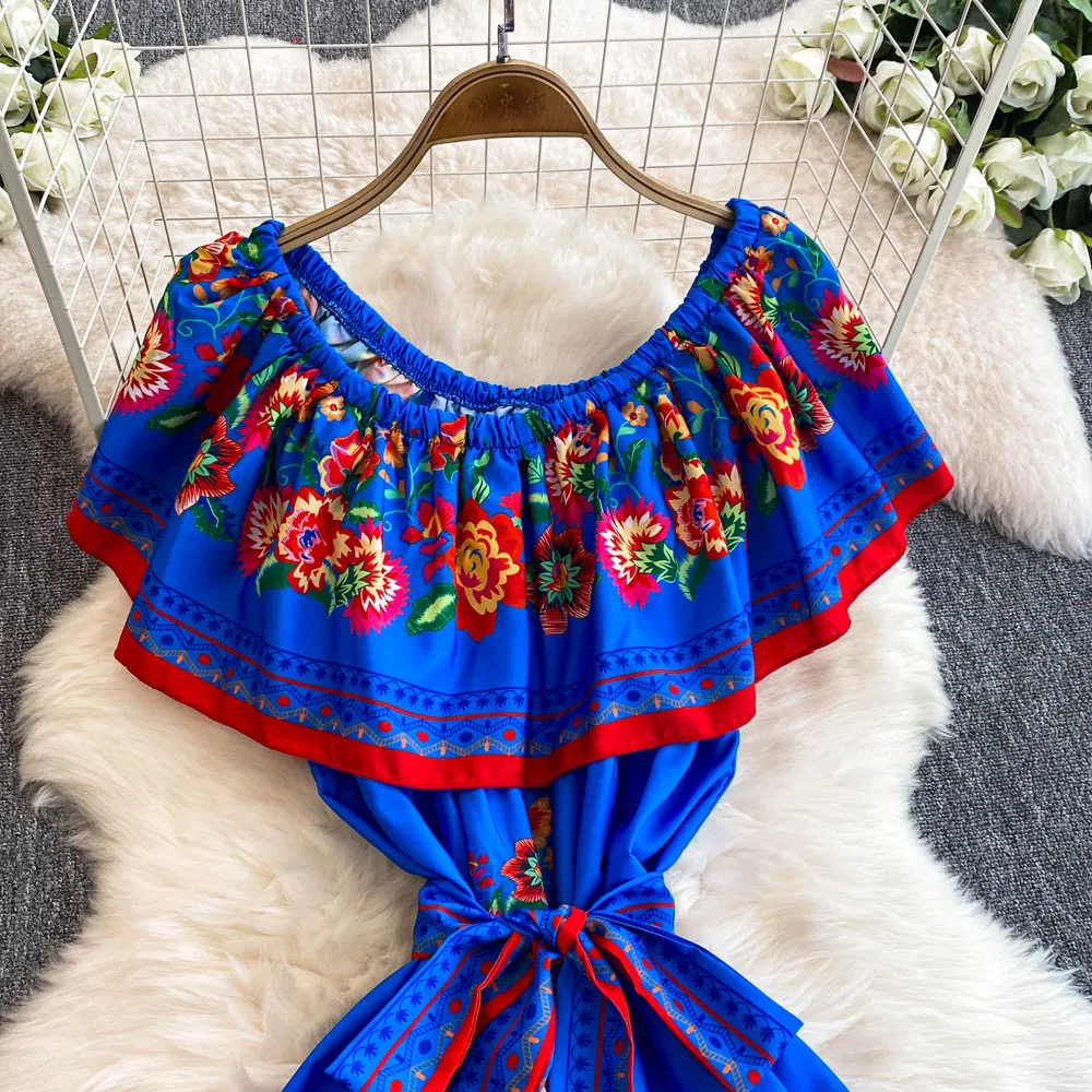French Court Floral One Shoulder Summer Dress with Waist Tie for Slimming and Graceful Look