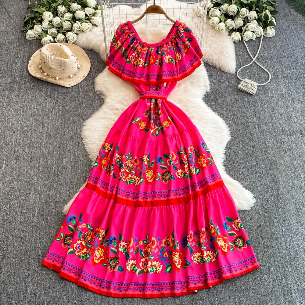 French Court Floral One Shoulder Summer Dress with Waist Tie for Slimming and Graceful Look