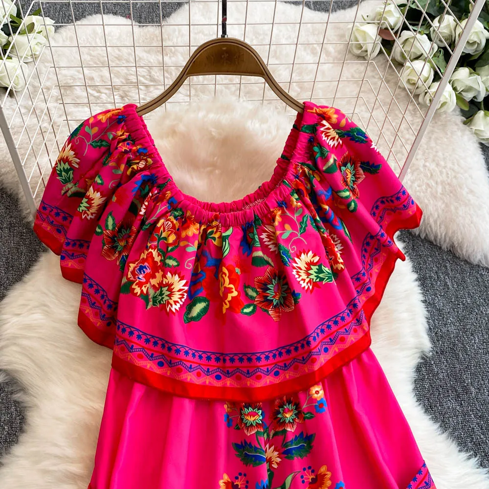 French Court Floral One Shoulder Summer Dress with Waist Tie for Slimming and Graceful Look