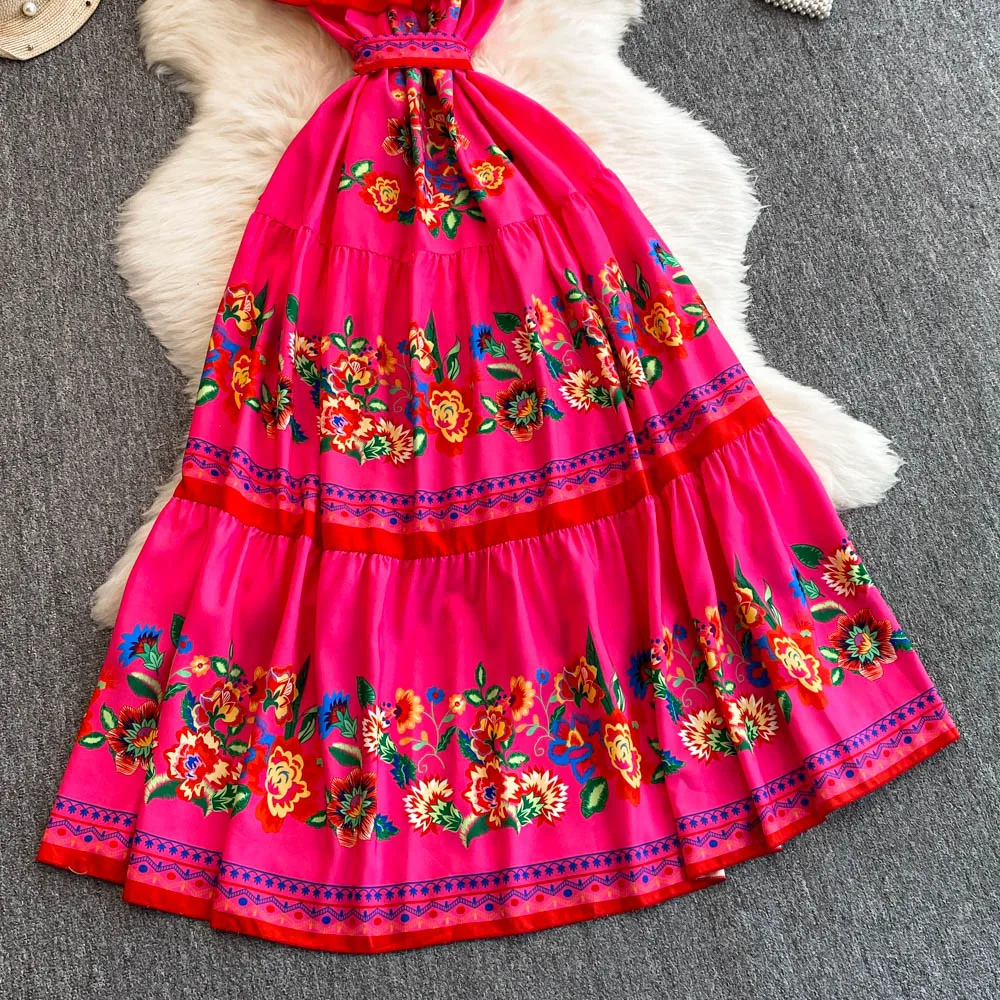 French Court Floral One Shoulder Summer Dress with Waist Tie for Slimming and Graceful Look