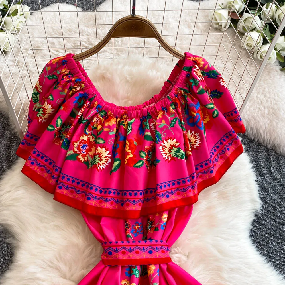 French Court Floral One Shoulder Summer Dress with Waist Tie for Slimming and Graceful Look