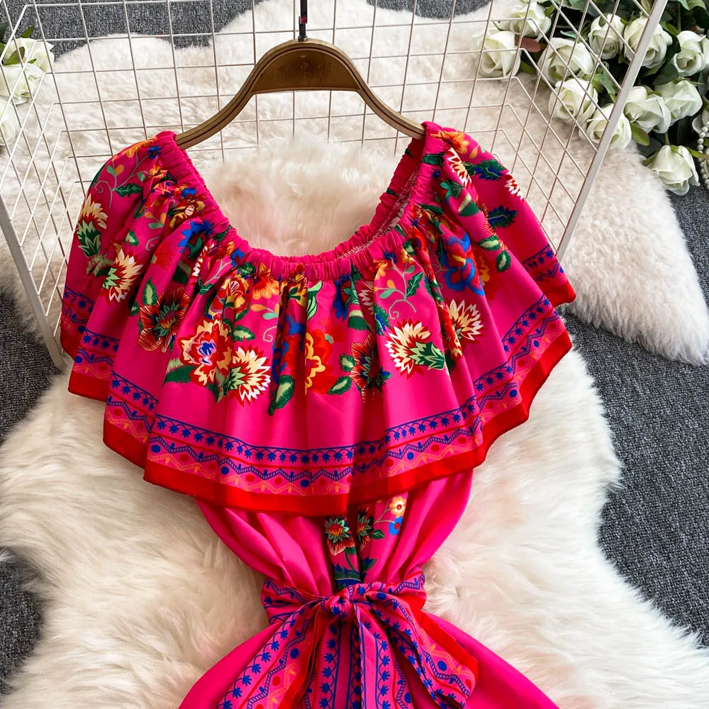French Court Floral One Shoulder Summer Dress with Waist Tie for Slimming and Graceful Look