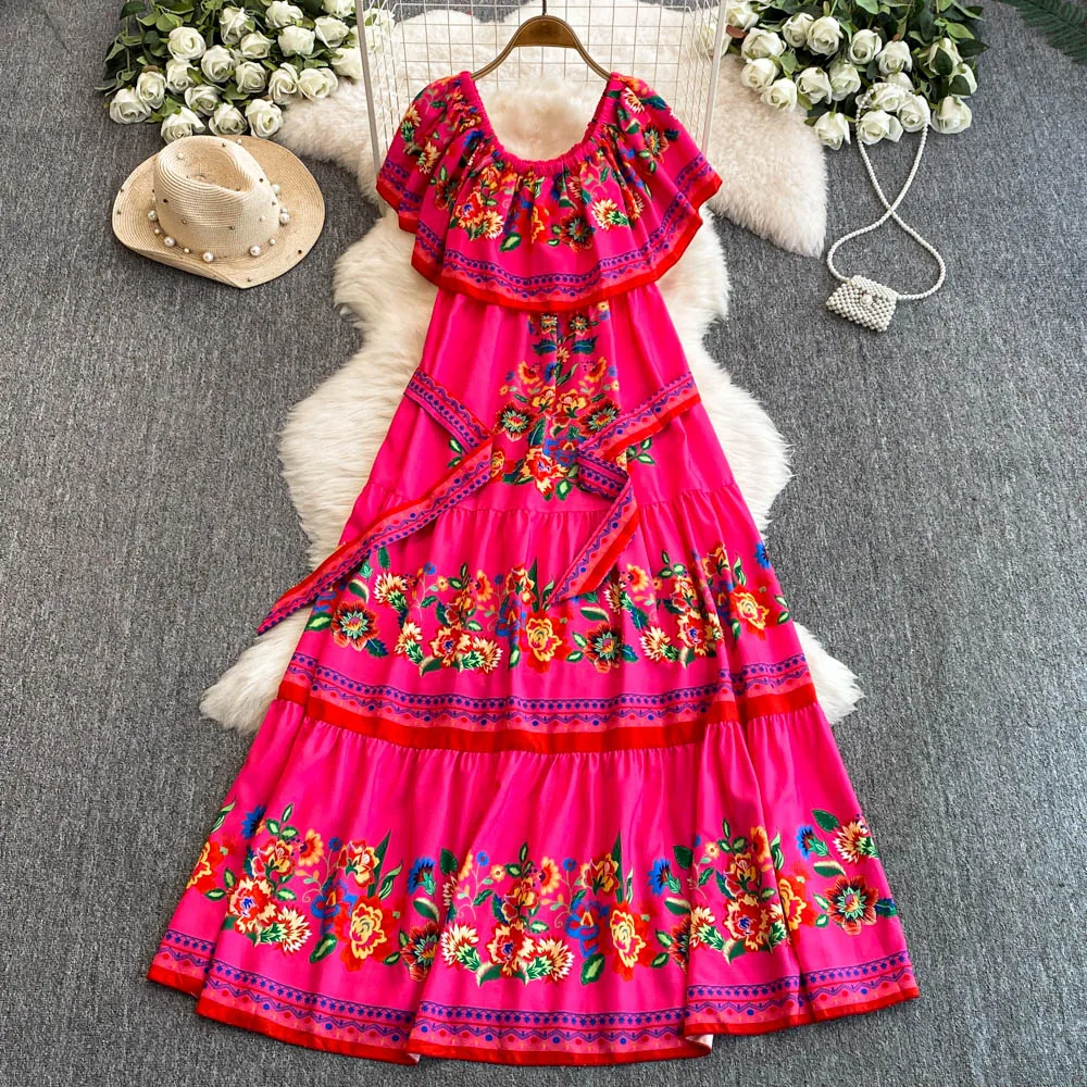 French Court Floral One Shoulder Summer Dress with Waist Tie for Slimming and Graceful Look