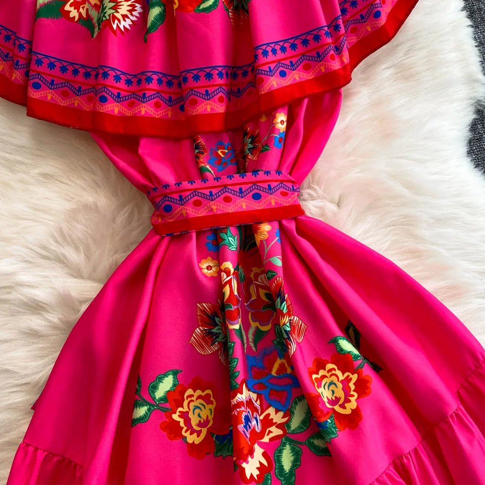 French Court Floral One Shoulder Summer Dress with Waist Tie for Slimming and Graceful Look