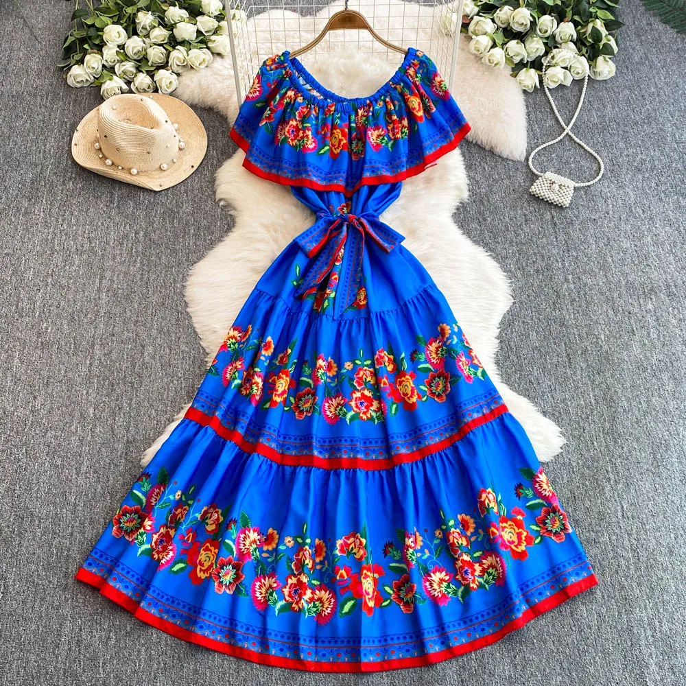 French Court Floral One Shoulder Summer Dress with Waist Tie for Slimming and Graceful Look