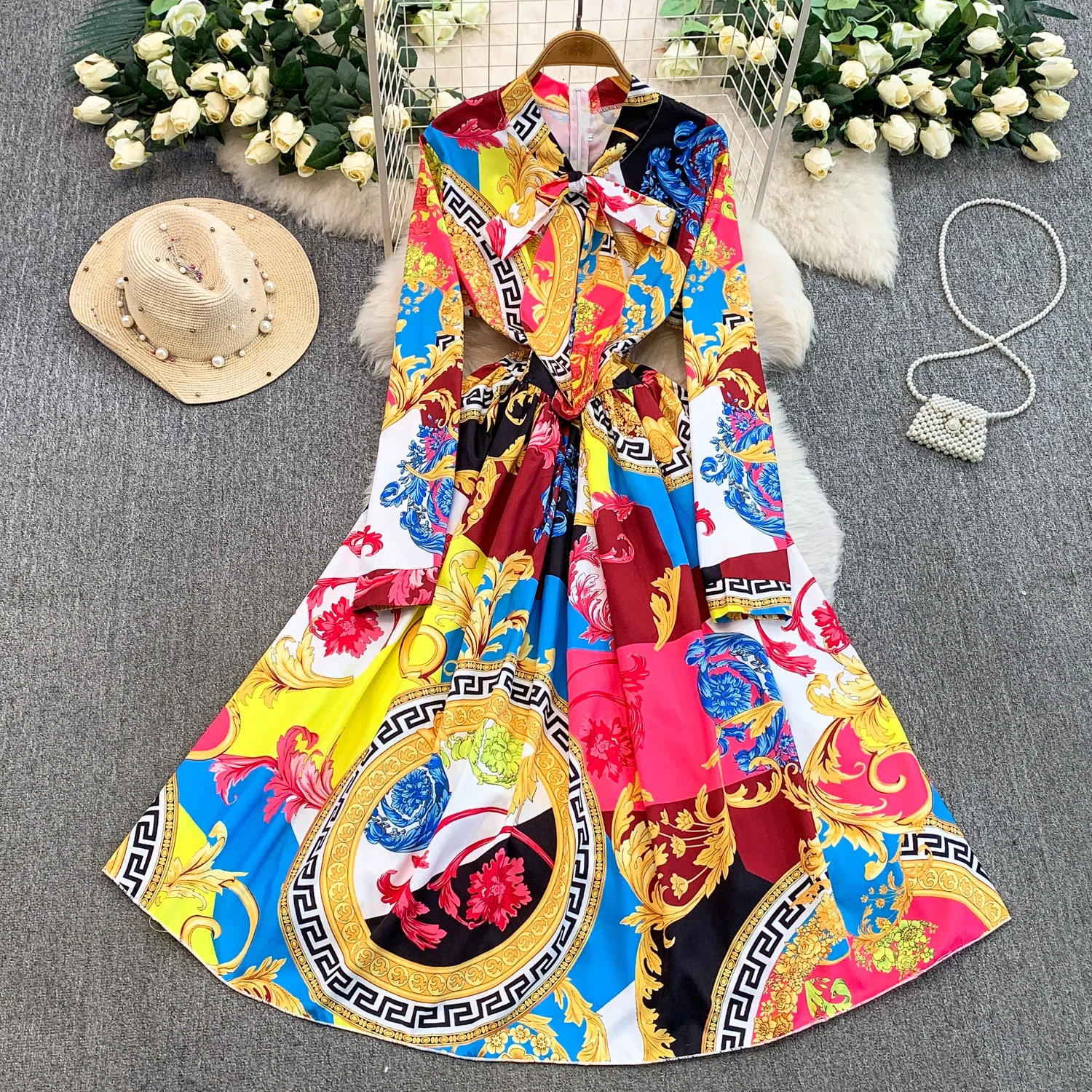 SINGREINY Ladies Vintage Art Print Dresses French Style Court Luxury V Neck Long Sleeves Autumn Fashion Lace Up Oversize Dresses
