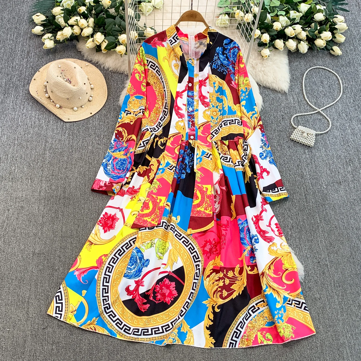 SINGREINY Ladies Vintage Art Print Dresses French Style Court Luxury V Neck Long Sleeves Autumn Fashion Lace Up Oversize Dresses