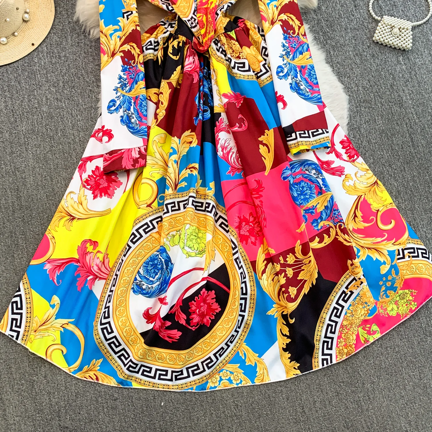 SINGREINY Ladies Vintage Art Print Dresses French Style Court Luxury V Neck Long Sleeves Autumn Fashion Lace Up Oversize Dresses