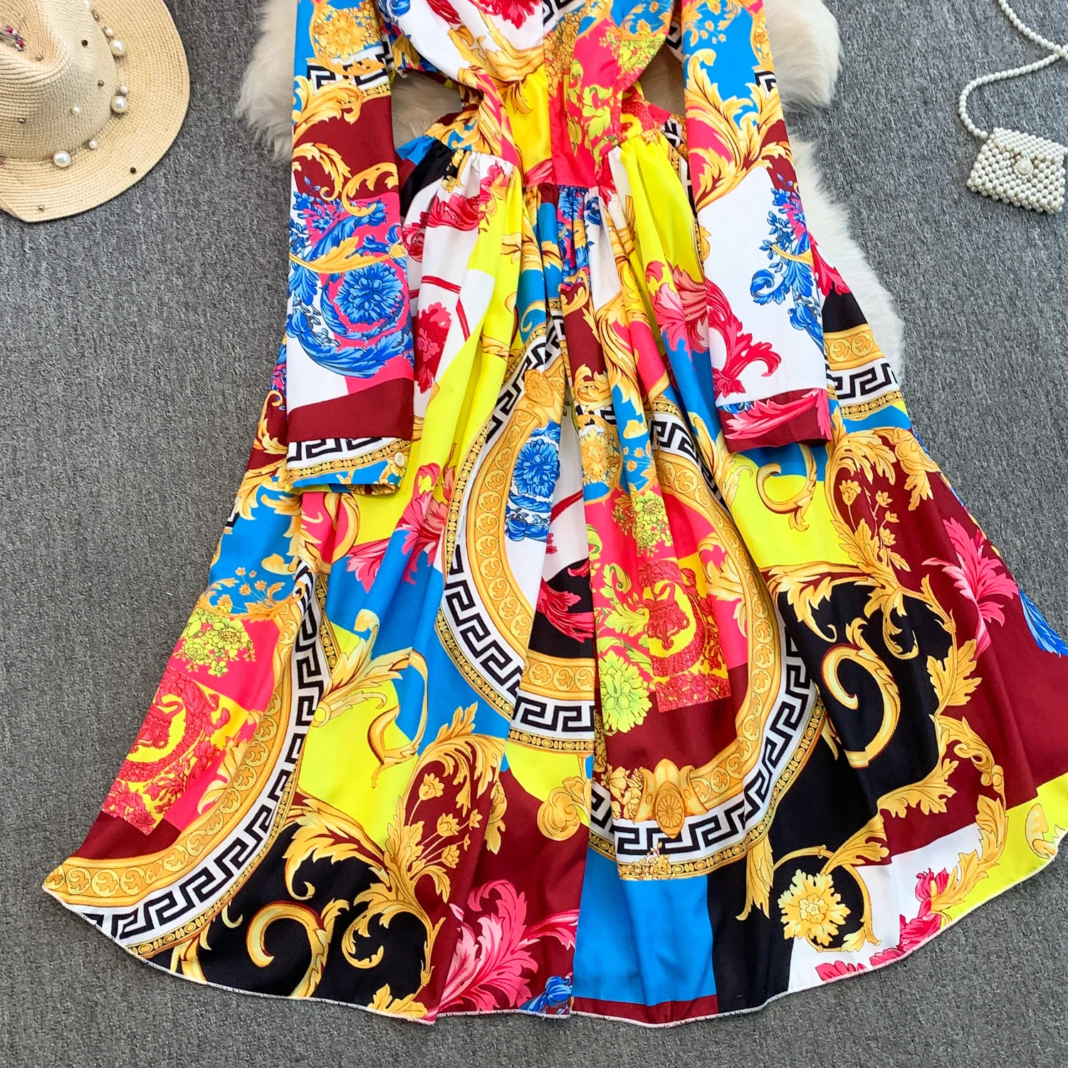 SINGREINY Ladies Vintage Art Print Dresses French Style Court Luxury V Neck Long Sleeves Autumn Fashion Lace Up Oversize Dresses