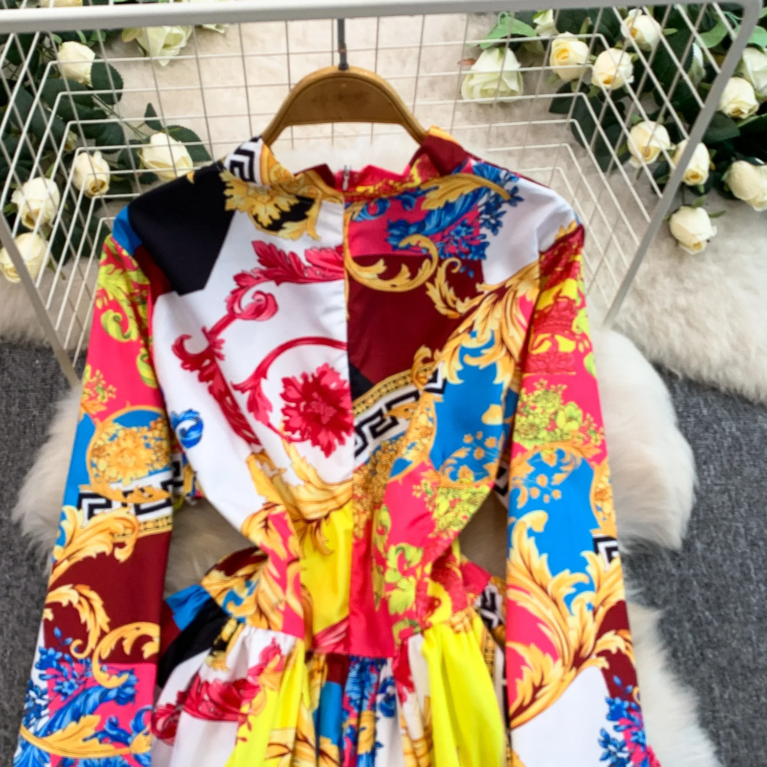 SINGREINY Ladies Vintage Art Print Dresses French Style Court Luxury V Neck Long Sleeves Autumn Fashion Lace Up Oversize Dresses