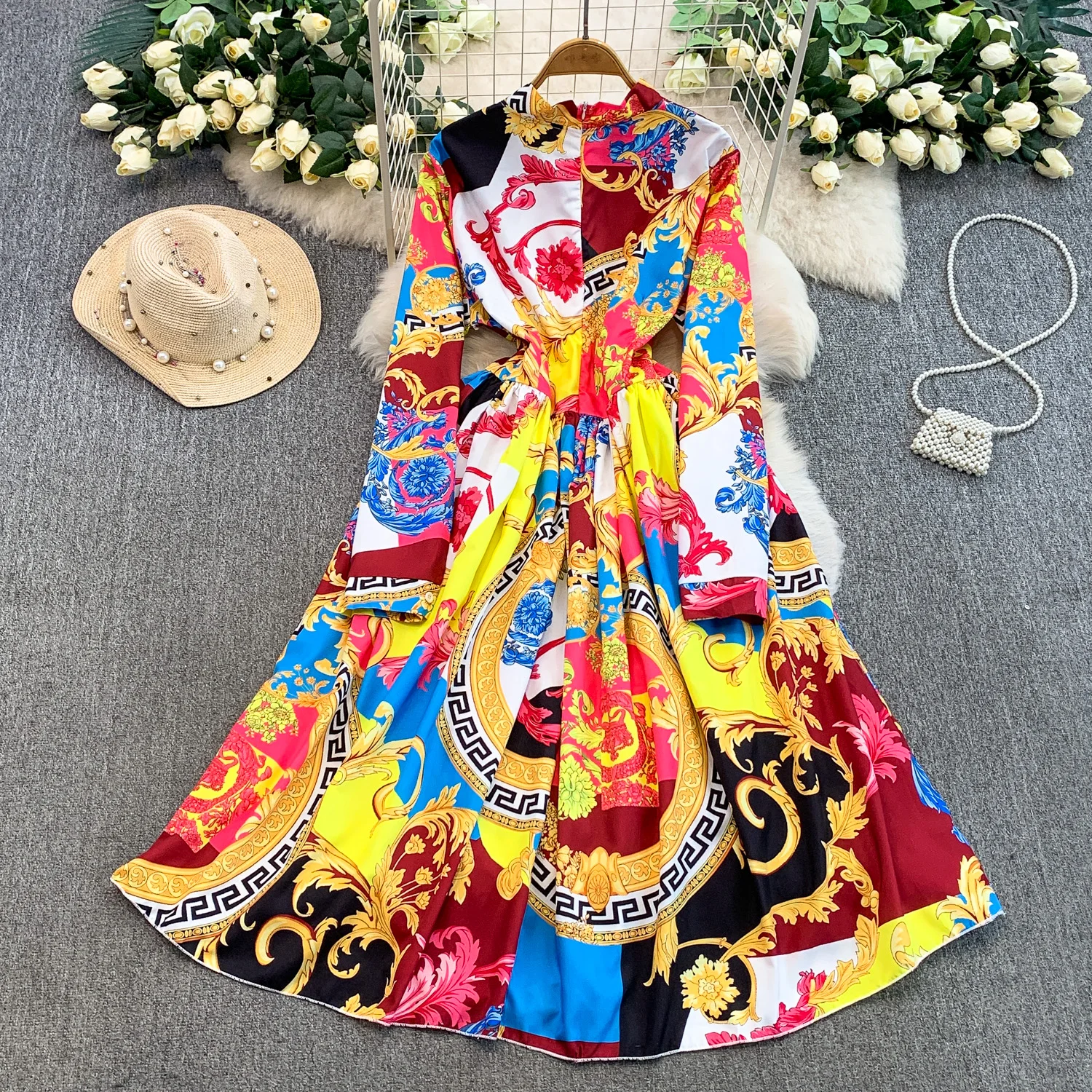 SINGREINY Ladies Vintage Art Print Dresses French Style Court Luxury V Neck Long Sleeves Autumn Fashion Lace Up Oversize Dresses