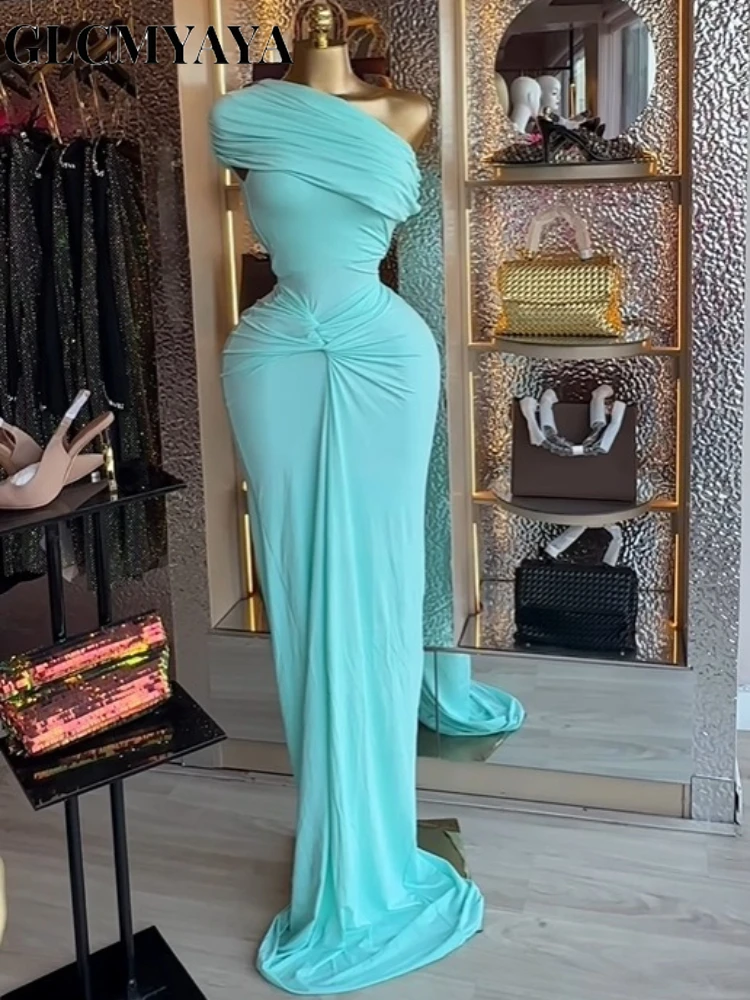 CM.YAYA Women Wraped Waist One Shoulder Ruched Stacked Bodycon Midi Long Maxi Dress 2026 Elegant Evening Birthday Party Dresses