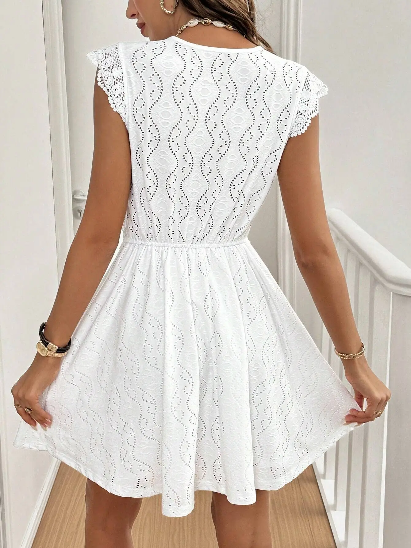 Elegant Hollow V-neck Stretch Lace Women's Dress Summer 2025 Casual Sleeveless Party Mini Dresses Robe Femme Clothing