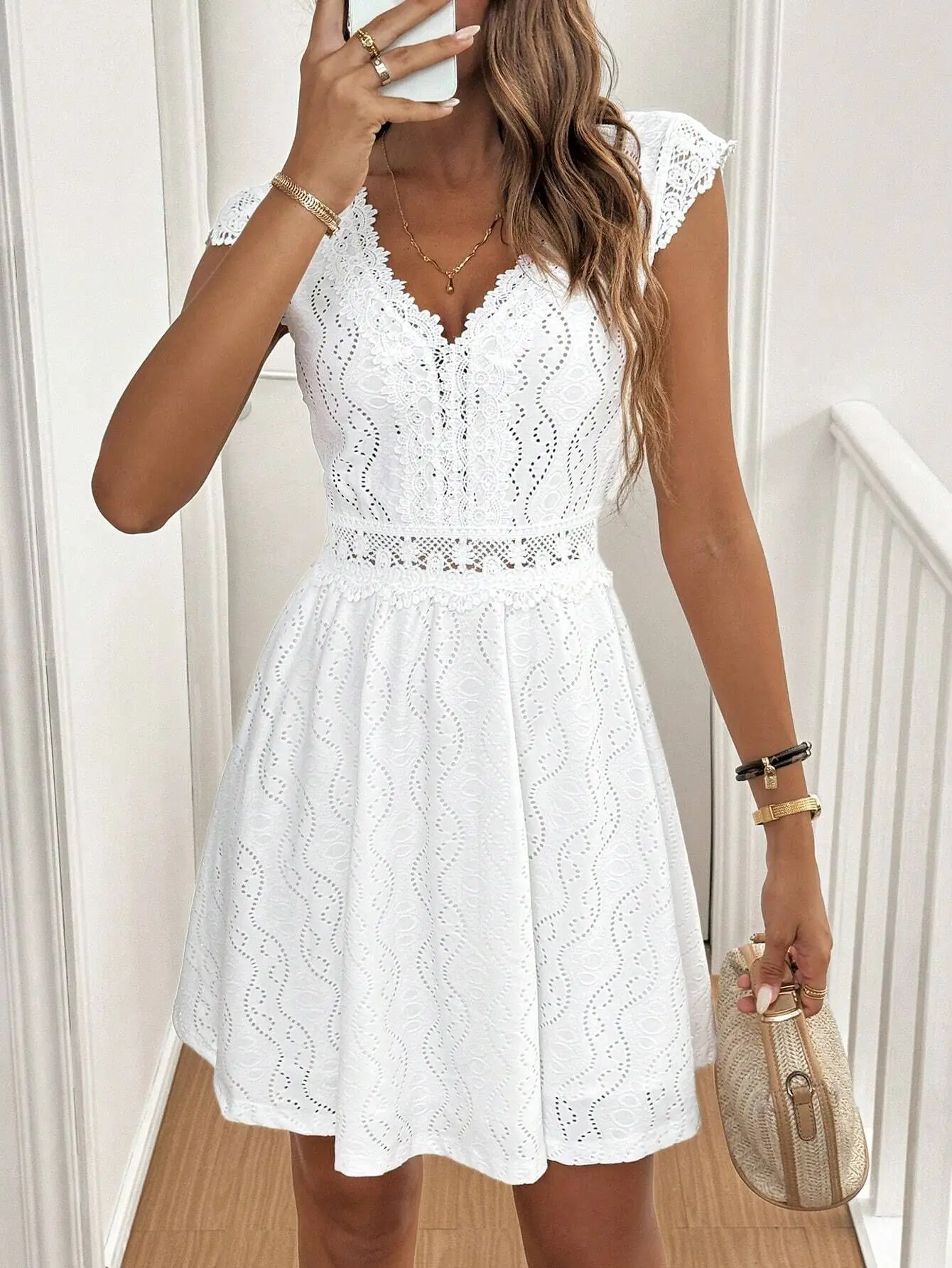 Elegant Hollow V-neck Stretch Lace Women's Dress Summer 2025 Casual Sleeveless Party Mini Dresses Robe Femme Clothing