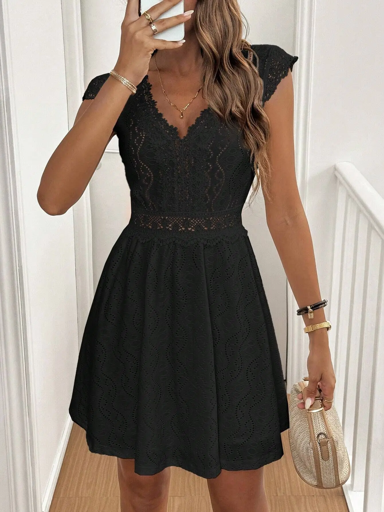 Elegant Hollow V-neck Stretch Lace Women's Dress Summer 2025 Casual Sleeveless Party Mini Dresses Robe Femme Clothing