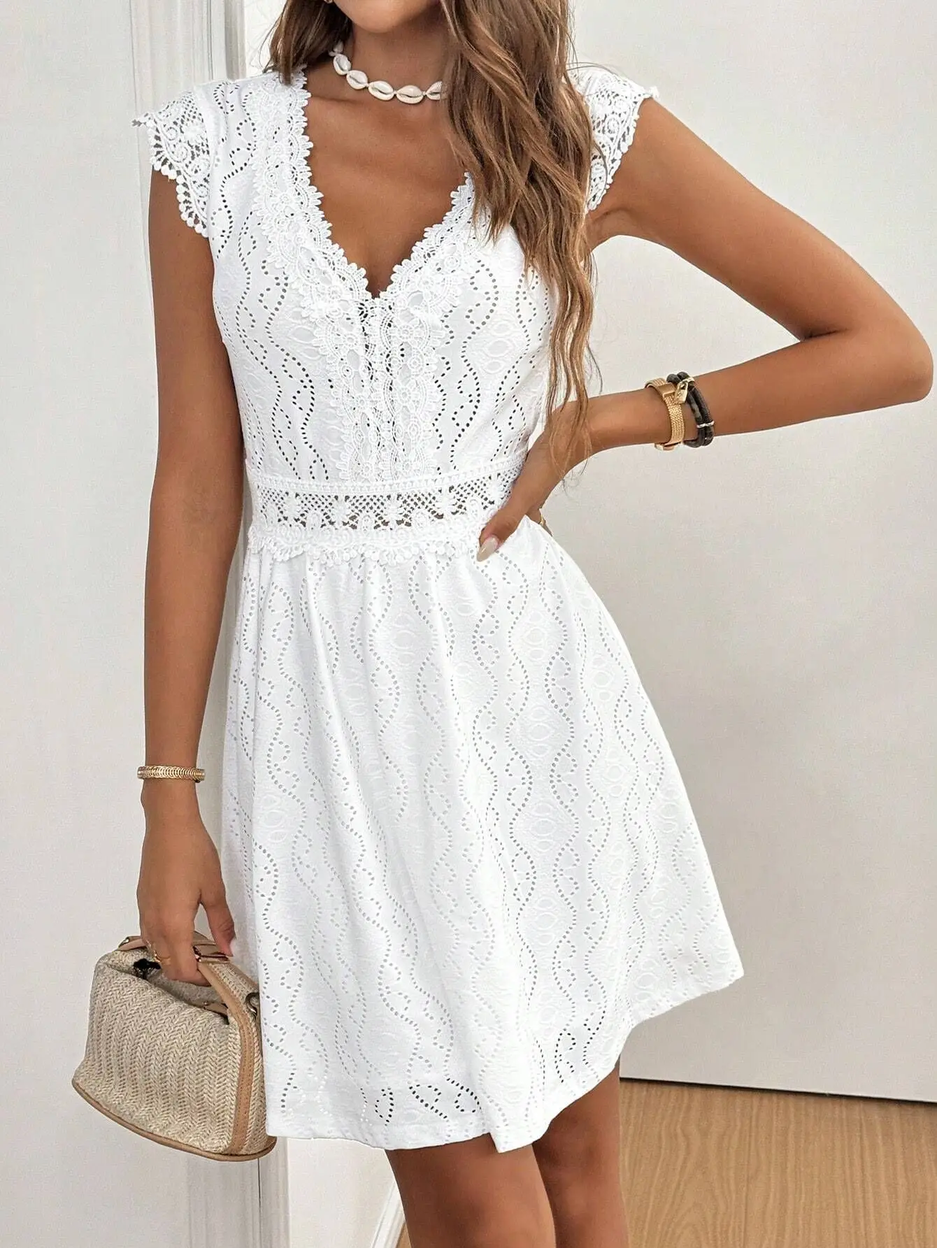 Elegant Hollow V-neck Stretch Lace Women's Dress Summer 2025 Casual Sleeveless Party Mini Dresses Robe Femme Clothing