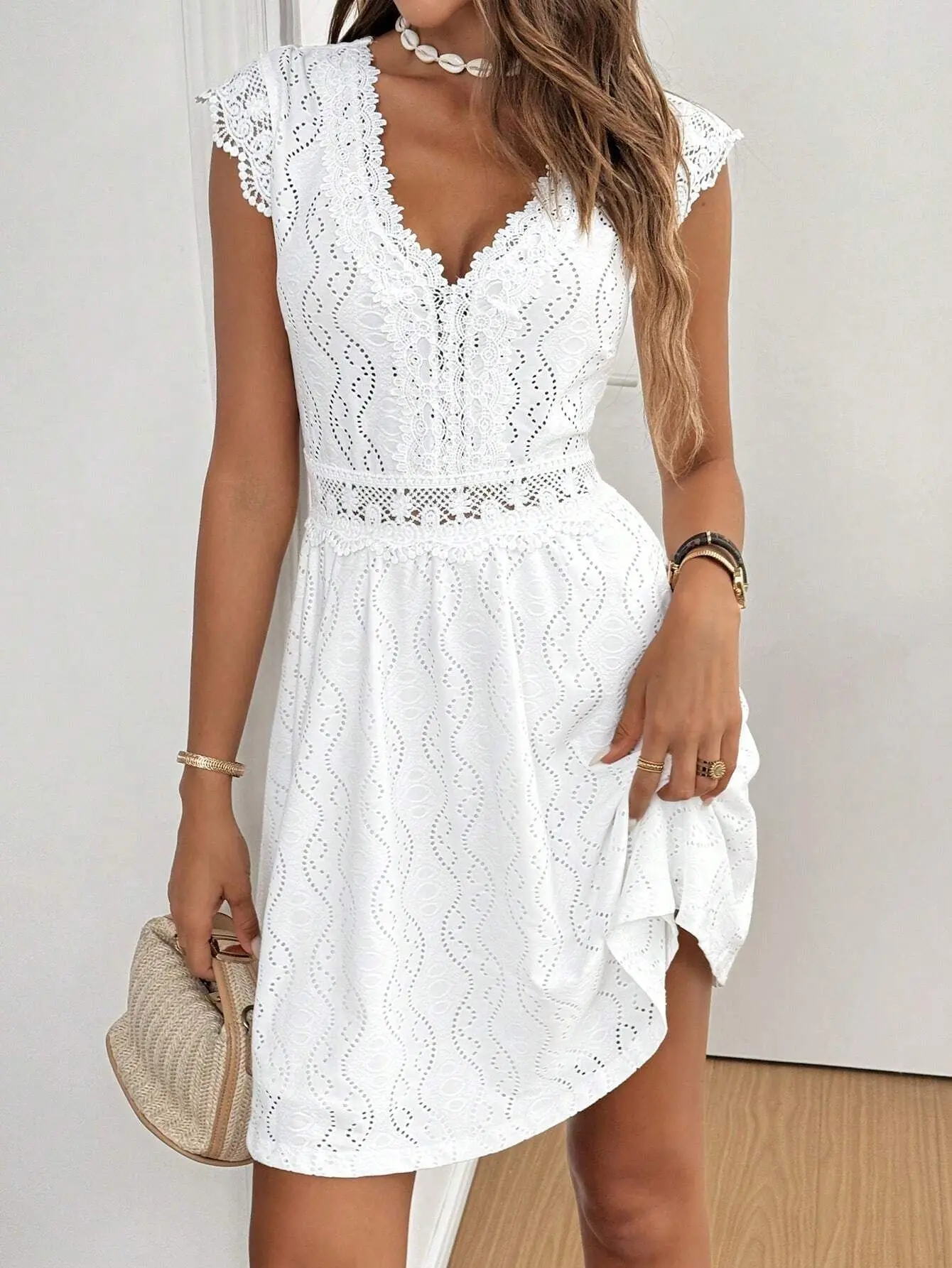 Elegant Hollow V-neck Stretch Lace Women's Dress Summer 2025 Casual Sleeveless Party Mini Dresses Robe Femme Clothing