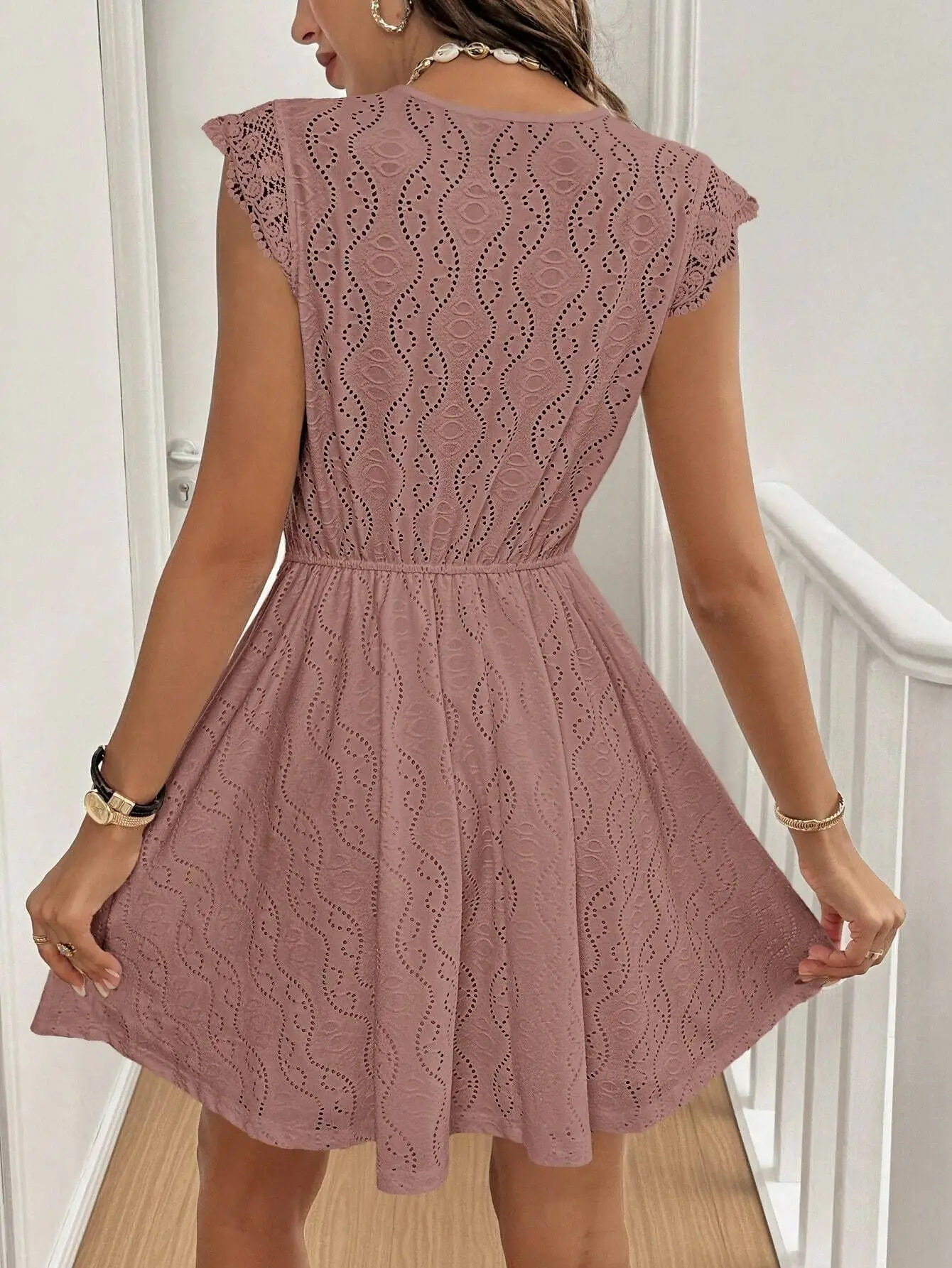 Elegant Hollow V-neck Stretch Lace Women's Dress Summer 2025 Casual Sleeveless Party Mini Dresses Robe Femme Clothing