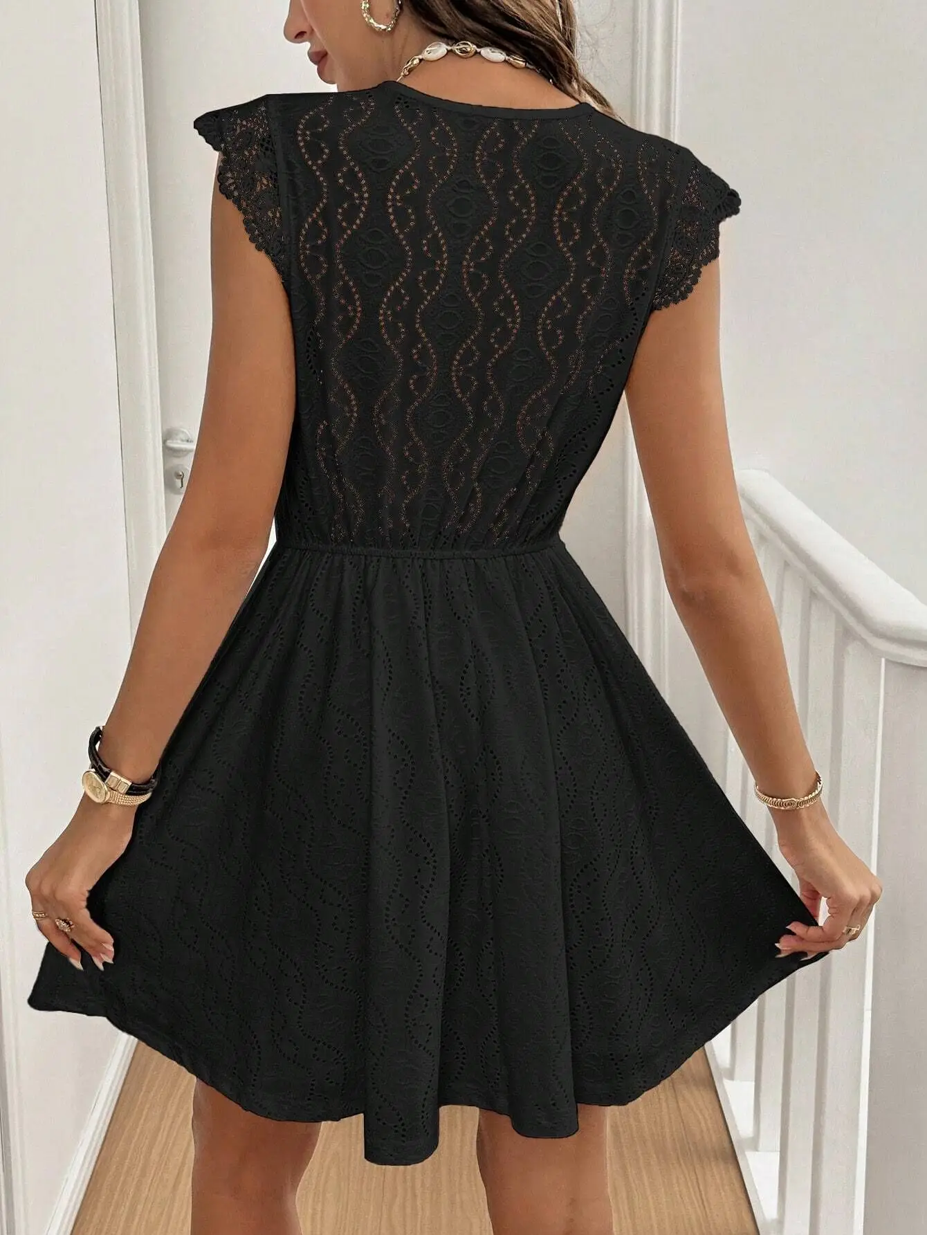 Elegant Hollow V-neck Stretch Lace Women's Dress Summer 2025 Casual Sleeveless Party Mini Dresses Robe Femme Clothing