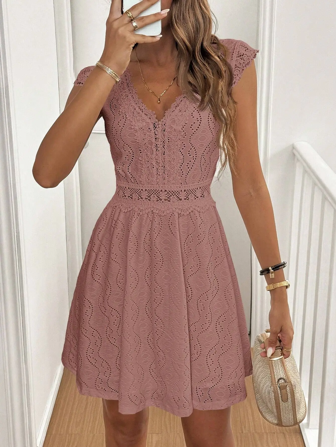 Elegant Hollow V-neck Stretch Lace Women's Dress Summer 2025 Casual Sleeveless Party Mini Dresses Robe Femme Clothing